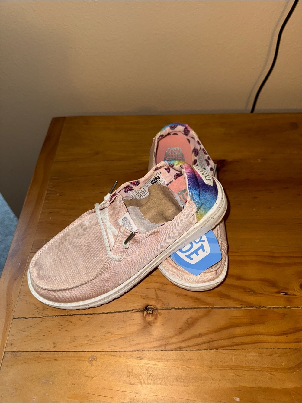Hey Dude Pink Canvas Kids Slip-Ons with Rainbow Heel